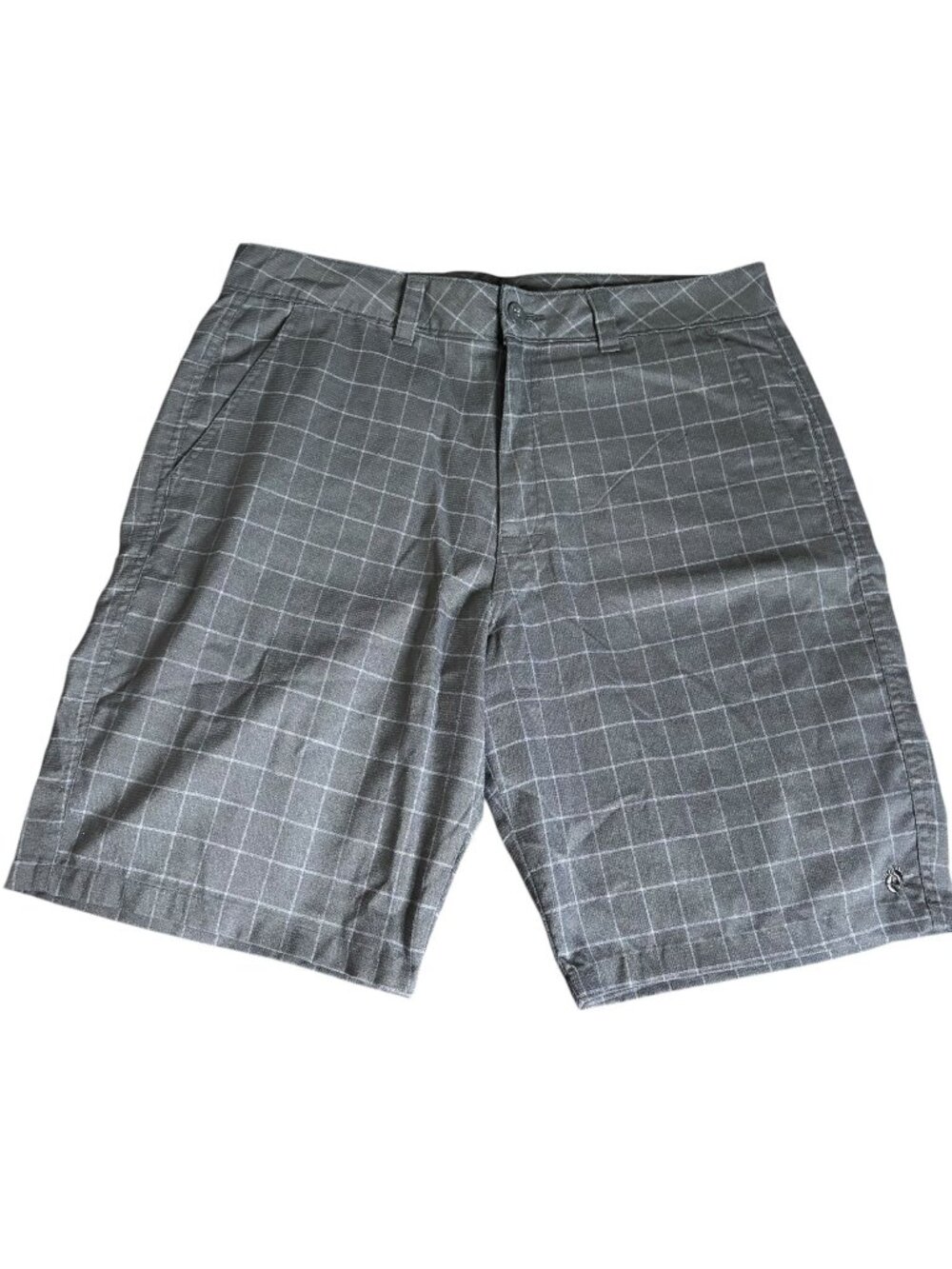 Hang Ten Chino Flat Front Shorts 34 Navy Blue Checkered Pockets Button Zip